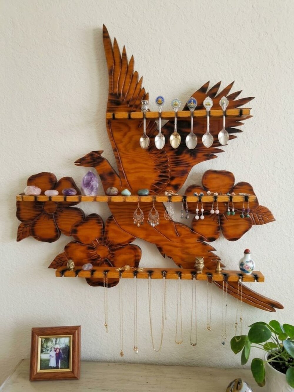 Vintage Wood Pheasant Spoon or Jewelry Wall Hanging Display Rack - MCM Boho